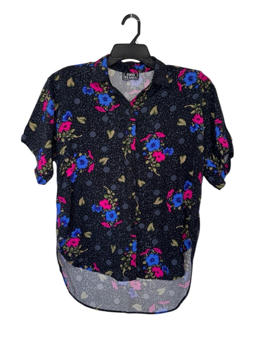 First Glance Floral Button-Up Blouse in Black with Blue & Pink Flowers L/XL